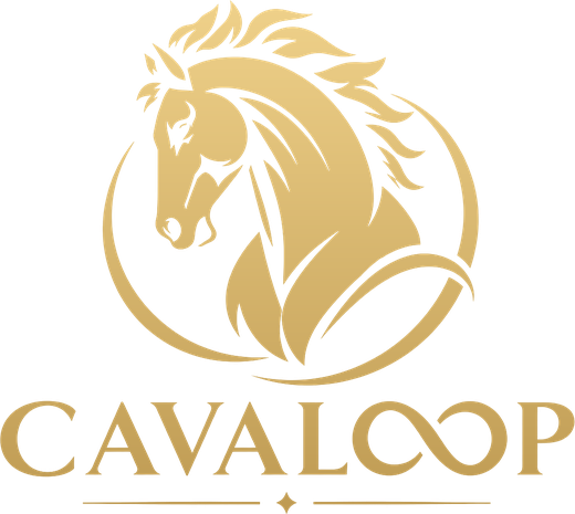 Cavaloop : une tête de cheval dorée dans un cercle, au-dessus du nom
